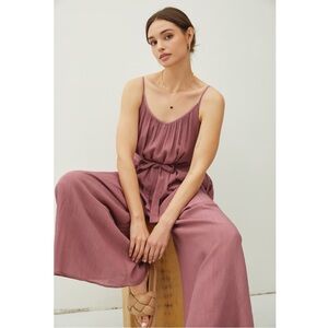 Dusty Plum Rayon Blend Light Floaty V Neck Belted Jumpsuit